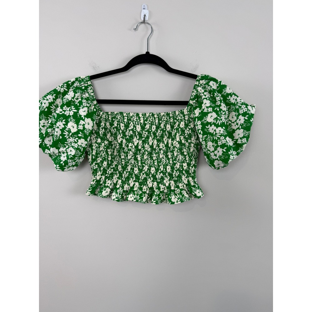 Altar'd State Blouse Green S Floral Smocked Puff Sleeve Crop Top Cottagecore